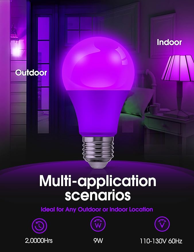 L LOHAS LED Halloween Orange Purple LED Light Bulbs Outdoor [4-Pack], 9W(60W Equivalent) A19 Orange Purple Colored Light Bulb Indoor, E26 Base, Not-Dim