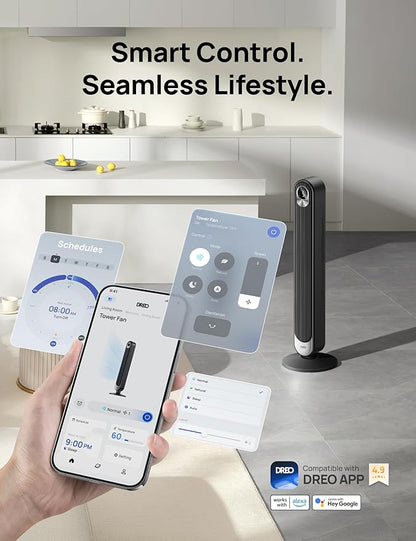 Dreo Smart Tower Fan WiFi Voice Control, Works with Alexa/Google,Floor Standing Bladeless Oscillating Fan with Remote, 6 Speeds, 4 Modes, 12H Timer, for Indoor Bedroom Home Office