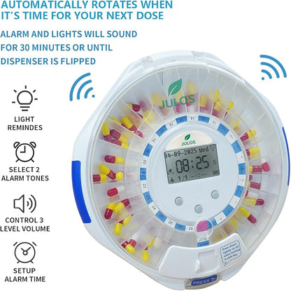 JULOS Smart WiFi Automatic Pill Dispenser w/Sound/Light Alerts for Seniors, Mobile App Remote Monitoring, 28-Day Medication Organizer, Up to 9 Alarms/Day, Lock Key for Supplements & More, Clear Lid