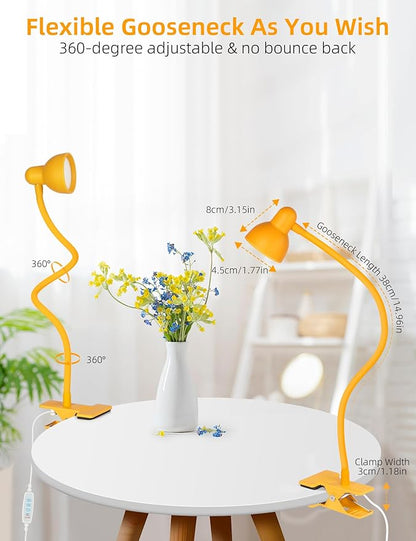 Clip on Reading Light for Bed 3 Color Modes, 10 Brightness Dimmable, Flexible Gooseneck Clip on Lamp, Eye Care Clip Light for Bed Headboard Desk Home Dorm, Yellow