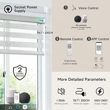 Motorized Zebra Blinds, Cordless Blackout Window Shades with Remote, Custom Dual Layer Smart Roller Shades Compatible with Alexa Google Assistant, Automatic Light Filtering Blinds,Light Grey