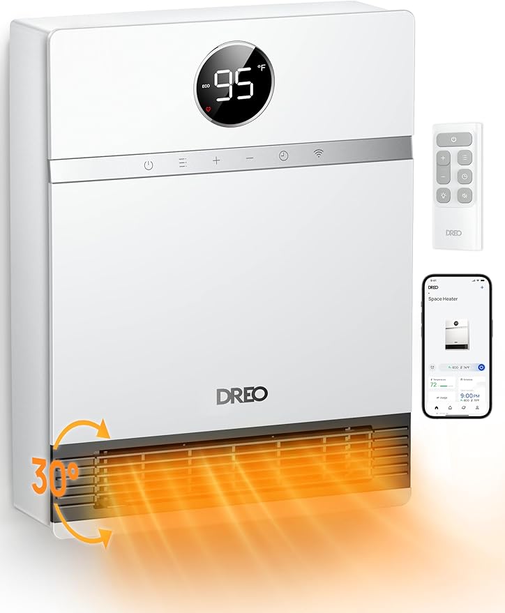 DREO Smart Wall Heater, IP24 Easy-mounted PTC Space Heater for Indoor Use, 30° Oscillation, Adjustable Thermostat, Remote Control, Works with Alexa, 24H Timer, Electric Heater for Bedroom, Office