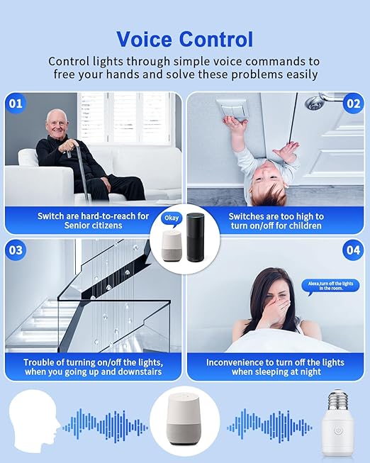 Remote Control Light Socket with Wifi(2.4G Only), Smart WiFi & Bluetooth & RF433 E26 E27 Light Bulb Adapter & Wireless Wall Switch, Remote and APP Control, Voice Control with Alexa and Google