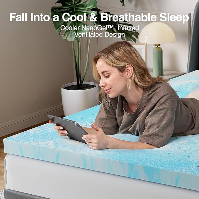 Novilla Queen Memory Foam Mattress Topper 3 Inch, Cooling Gel Infused, Ventilated Pressure Relief Pad, Medium Comfort for Sofa, RV, Camper, Dorm Room