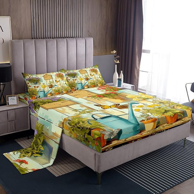 Manfei Gardening Kids Sheet Full Size,Potted Plants Flowers Butterfly Bedding Set,Boys Girls Room Decor,Geometric Wooden Plank Rustic Green Brown Bed Sheet Set 4pcs(Fitted + Flat + 2 Pillowcases)