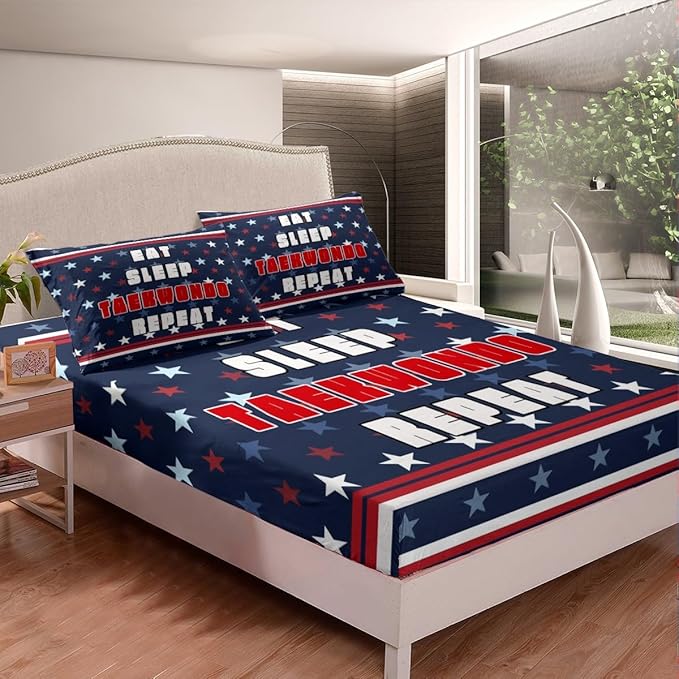 Manfei Taekwondo Fitted Sheet Twin Size, Japanese Style Sports Theme Bedding Set 2pcs, Stars Stripe Print Bed Cover with 1 Pillowcase, Kids Boys Teens Room Decor, Soft Bedding(No Top Sheet)