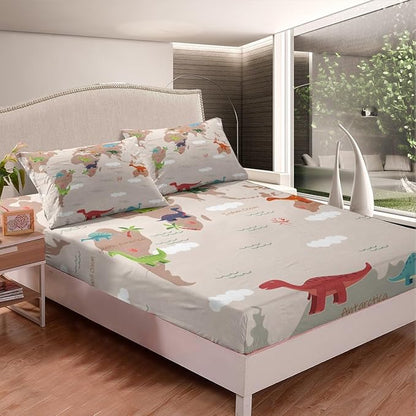 Kawaii Dinosaur Fitted Bottom Sheet Queen Size,World Land Ocean Silhouette Sheet Set Soft Polyester Bedding(No Top Sheet),Cartoon Wildlife Rustic Trees Bed Cover(1 Fitted Sheet+2 Pillow Cases)