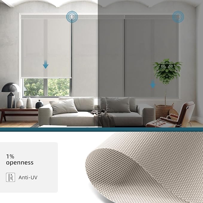 Motorized Light Filtering Roll Shades Work with HomeKit,1% Openness Smart Blinds for Windows, Electric Blinds with Remote, APP/Voice Control, Automatic Solar Shades,1% Openness Aventus Beige