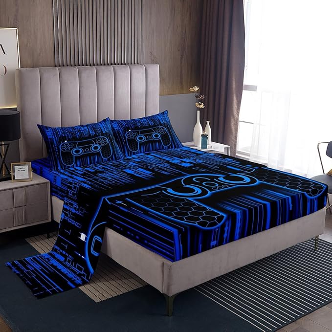 Videogaming Gamepad Kids Sheet Full Size,3D Gamer Controller Fashion Bedding Set,Boys Girls Room Decor,Neon Geometric Honeycomb Hexagon Navy Blue Bed Sheet Set 4pcs(Fitted + Flat + 2 Pillowcases)