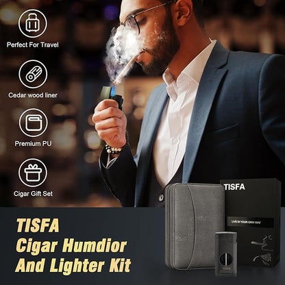 TISFA Cigar Humidor and Cigar Lighter Set, Portable Cigar Travel Case with Multifunctional Lighter, Includes Cigar V Cutter, Cigar Holder, Leather Humidor Cigar Box Cigar Gifts for Men (Stone Gray)