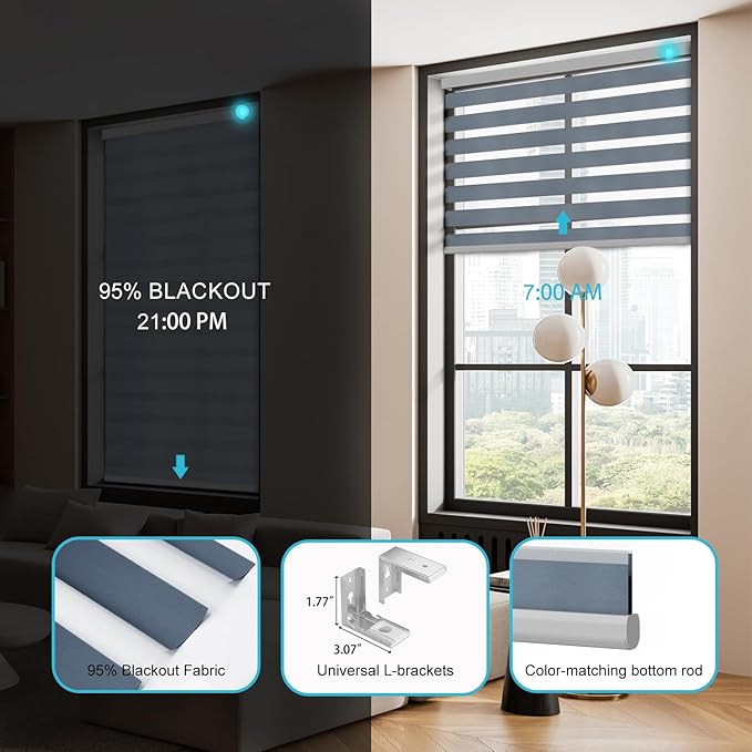 Motorized Zebra Blinds with Remote Smart Blind Work with Homekit Alexa SmartThings Electric Day and Night Shade Cordless Automatic Solar Powered Window Shade Customize(Pure Grey)