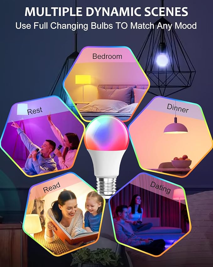 2-Pack 9W E27 Smart Light Bulb, 2.4G WiFi Bluetooth 800LM RGBWW Color Changing LED Bulb, 16M Colors Music Sync Voice Control Works with Alexa Google Home for Bedroom Christmas Parties Decor