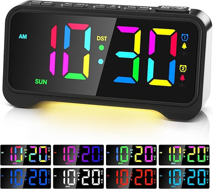 Alarm Clock for Kids Teens, Dynamic RGB Alarm Clock for Bedroom Bedside, Nightstand Desk Clock with Night Light, Large Numbers, 2 USB Phone Charger, Dimmer and Volume Control, Snooze, 12/24Hr