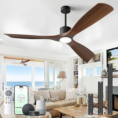 Ceiling Fans with Lights, Ceiling Fans with Lights and Remote, 60 inch Modern Smart Ceiling Fan with Light, Outdoor Ceiling Fans for Patios 3 Blade Bedroom Living Room Porch(Dark Walnut)
