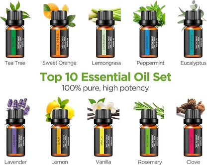InnoGear Aromatherapy Diffuser & 10 Essential Oils Set, 400ml Diffuser Ultrasonic Diffuser Cool Mist Humidifier with 4 Timers 7 Colors Light Waterless Auto Off for Valentine's Gift, Dark Wood Grain