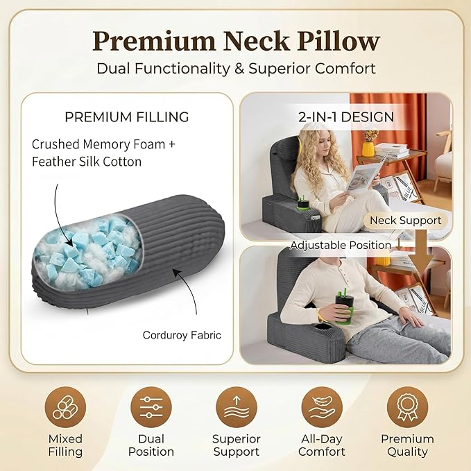 AS AWESLING Reading Pillow for Adults, Back Pillow for Bed Sitting Up, Backrest Pillow for Sitting in Bed, Detachable Arms with Built-in Cup & Phone Caddy (Dark Gray-Corduroy, 19 INCH)