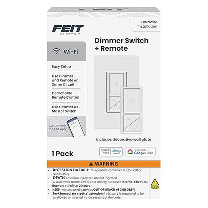 Feit Electric Smart WiFi Dimmer Switch with Remote, Single-Pole/3-Way/4-Way, Voice Control with Alexa & Google Asst, Wireless Wall-Mount Remote, App Control, Neutral Wire Required