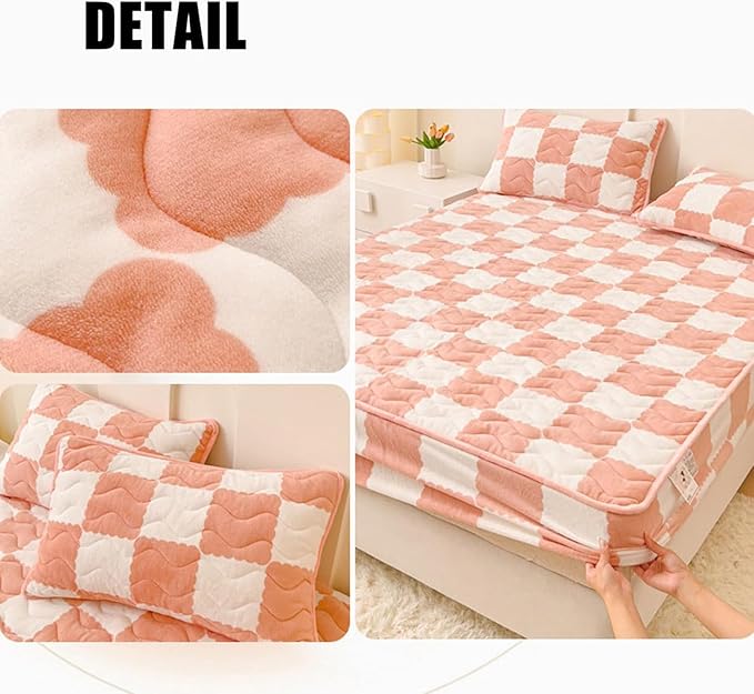 Milk Velvet Checkered Bedding Mattress Cover, Super Soft Elastic Bed Sheets with Pillowcase - Washable 12'' Deep Pocket Mattress Pad