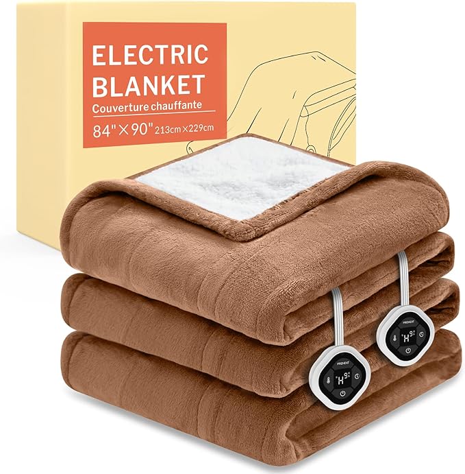 HOMLYNS LuxeHeat Heated Blanket Electric Blanket Queen Size, Soft Flannel Sherpa Heating Blanket with 10 Heat Settings, 1-10 hrs Timer Auto Shut Off (84x90 inches, Coffee)