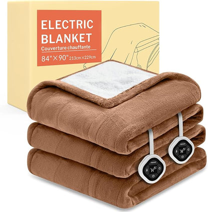 HOMLYNS LuxeHeat Heated Blanket Electric Blanket Queen Size, Soft Flannel Sherpa Heating Blanket with 10 Heat Settings, 1-10 hrs Timer Auto Shut Off (84x90 inches, Coffee)