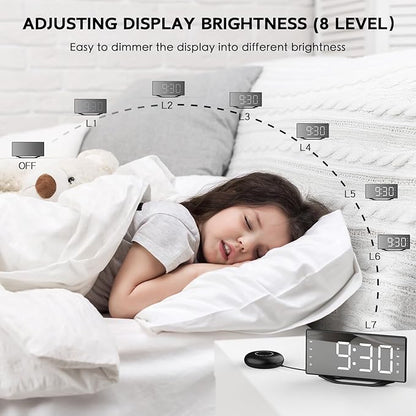OnLyee Vibrating Alarm Clock with 8.7” LED Mirror for Heavy Sleepers & Hearing Impaired, Bed Shaker & 3 Wake-Up Modes, Dual Alarms, USB Charging, Adjustable Brightness, Snooze Function