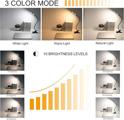 Clip Light Reading Lights 48 LED Clamp-on Desk Lamp with 3 Color Modes and 10 Brightness Dimmable, 360 ° Flexible Gooseneck Book Clamp Light for Video Conference Lighting Headboard