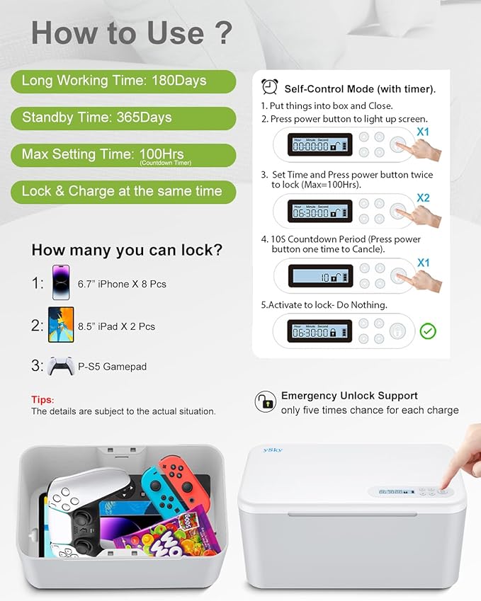 ySky Phone Lock Box with Timer,SafeTimed Lock Box Unplug from Phones,Video Games,Social Media,Snacks&Cravings,Self Control Storage Box for 8.5 inch iPad,Time Locker Box (Gray)