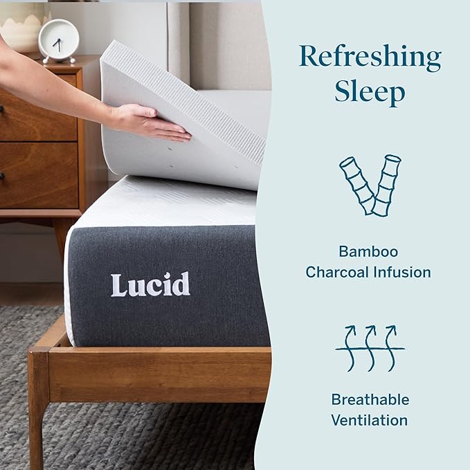 Lucid 3 Inch Ventilated Bamboo Charcoal Memory Foam Mattress Topper, CertiPUR-US Certified, Moisture and Odor Control-Queen