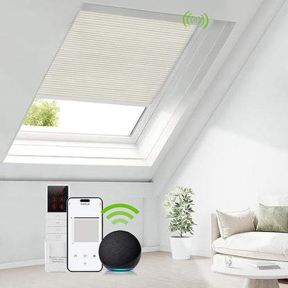 ZSTARR Motorized Skylight Shades Blackout Cellular Honeycomb Electric Blinds with Solar Panel Cordless Rechargeable with Remote for Roof and Slanted Windows Custom Size (LF Printed Cream White)