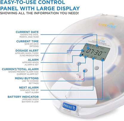 LiveFine Automatic Pill Dispenser with 28-Day Electronic Medication Organizer, 6 Dosage Rings, LCD Display with Sound & Light Alerts, Key & Magnifying Glass for Prescriptions, Vitamins & Supplements