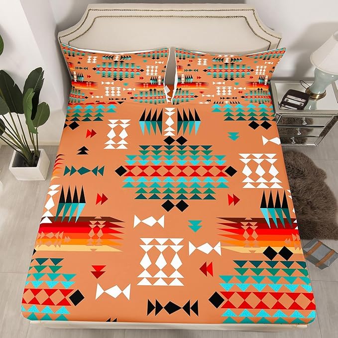 Aztec Kids Full Size Fitted Sheet,Western Tribal Abstract Boys Girls Bed Sheets,Rustic Farmhouse Triangle Room Decor,Brown Teal Bedding Set,2 Pillowcases(No Flat)