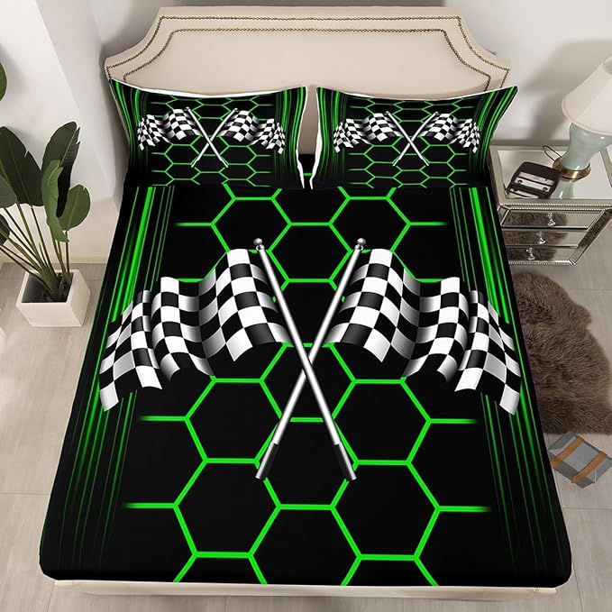 Black White Checkered Flag Bed Sheet Set Home Decor Honeycomb Geometric Sheet Sets Deep Pocket,Racing Car Mattress Cover,Twin Size with 1 Pillowcase