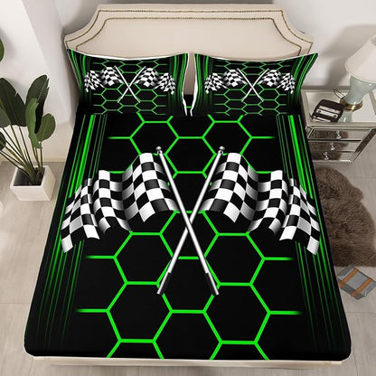 Black White Checkered Flag Bed Sheet Set Home Decor Honeycomb Geometric Sheet Sets Deep Pocket,Racing Car Mattress Cover,Twin Size with 1 Pillowcase