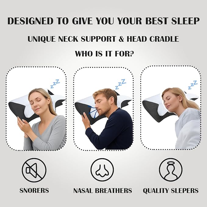 Sleep Apnea Pillow, Airway Pro Cervical Pillow for Neck Pain Relief, Orthopedic Memory Foam Neck Support Pillow for Side, Back & Stomach Sleepers, Anti-Snore Ergonomic Contour Pillow (Black)