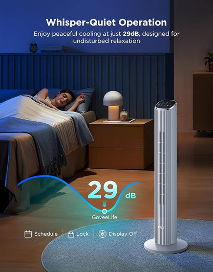 GoveeLife White Tower Fan for Bedroom, 36" Smart Floor Fan with App/Voice Control, Temperature Sensor, 5 Modes 8 Speeds(25ft/s), 29dB Quiet Oscillating Fan for Office, 24H Timer, Auto Cooling