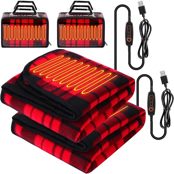 Tuanse 2 Pcs USB Heated Blanket 25"x35" Small Portable 5v 3 Setting Electric Blanket with Timer and Temperature Controller Winter Wearable Recharge Throw for Travel Home(Red and Black Stripes)