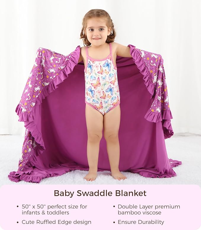 Premium Baby Blankets, Soft Viscose from Bamboo Blanket for Girls, Nursery Crib Bedding Quilt for Newborn and Toddler, Ruffle Blanket Cooling for Hot Sleepers 50''x50'' Purple Unicorn