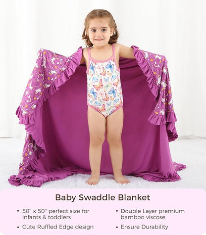 Premium Baby Blankets, Soft Viscose from Bamboo Blanket for Girls, Nursery Crib Bedding Quilt for Newborn and Toddler, Ruffle Blanket Cooling for Hot Sleepers 50''x50'' Purple Unicorn