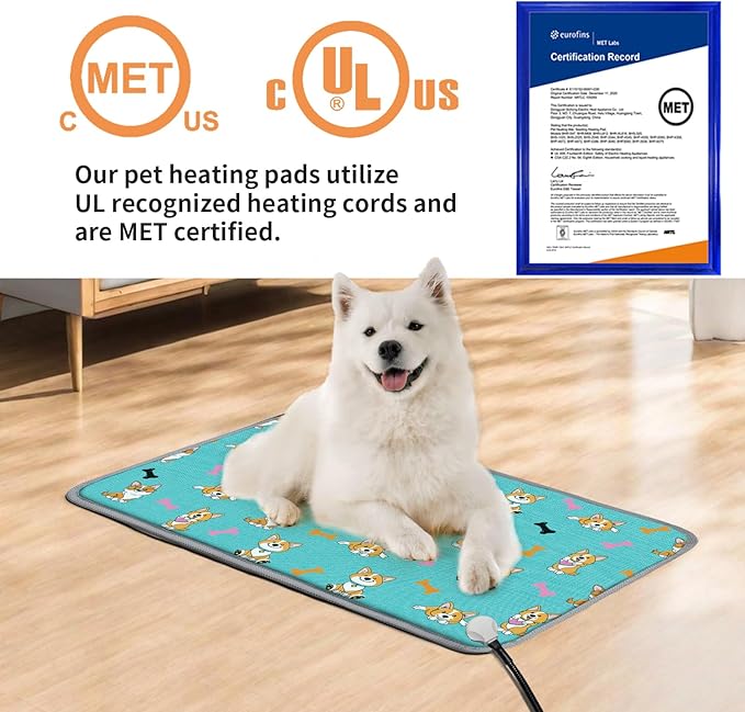 Large Dog Heating Pad 34x21in with Smart Thermostat Switch and Chew Resistant Cord, MET and UL Dual Certification,Waterproof Pet Heating pad, Suitable for Dogs of All Ages