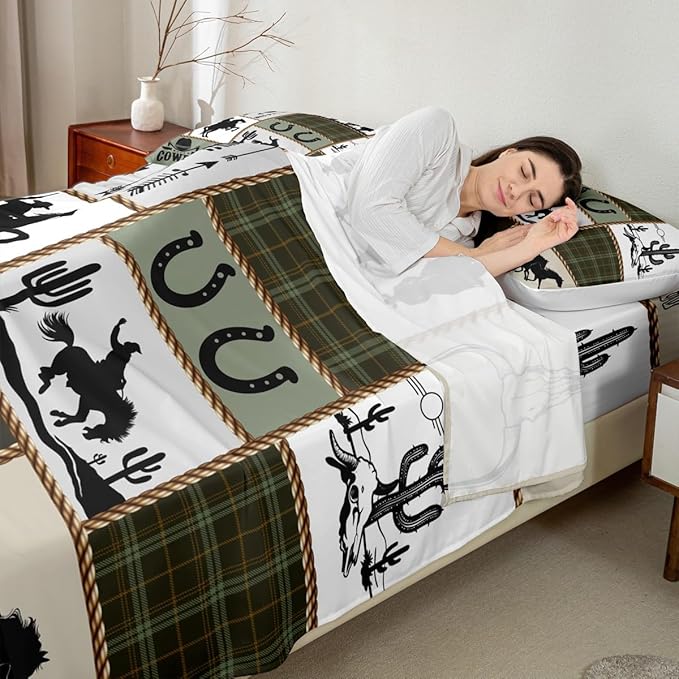 Western Cowboy Kids Sheet Full Size,Cactus Arrow Geometric Plaids Bedding Set,Boys Girls Adults Room Decor,Horseshoes Rustic Farmhouse Camo Retro Bed Sheet Set 4pcs(Fitted + Flat + 2 Pillowcases)