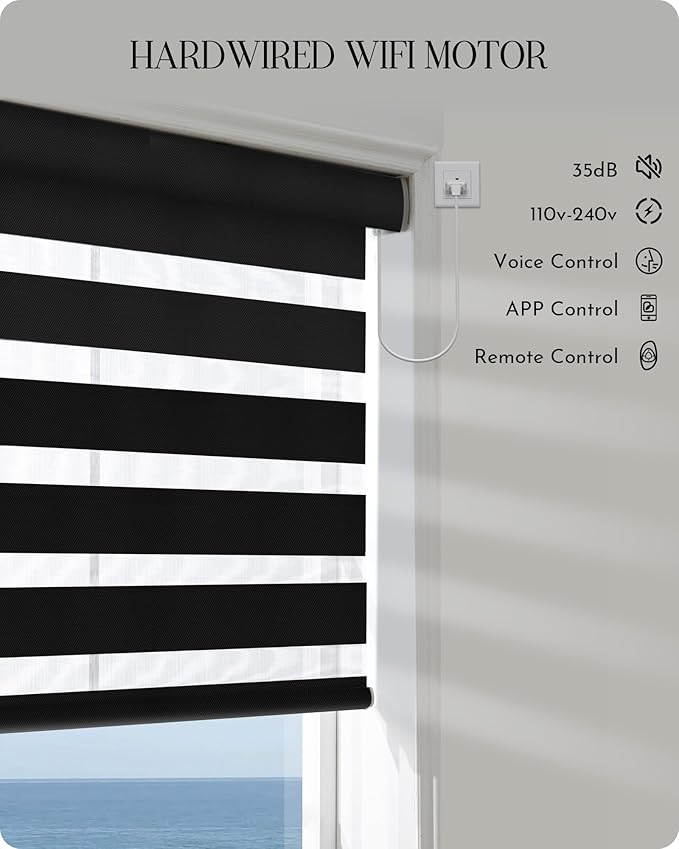 Graywind Motorized Blinds with Remote, Smart Zebra Shades for Windows, Hardwired Roller Blinds Compatible with Apple Homekit, Alexa, Google Home, Custom Size, Luxury Blue Grey