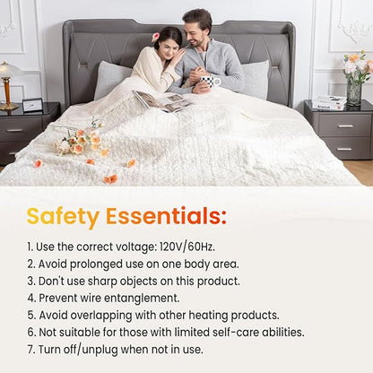 WOOMER Heated Blanket King Size 100" x 90", Electric Blanket with Dual Controls, 0.5-12 Hours Timer & 10 Heating Levels, ETL Certified, White Rose Patterns Faux Fur & Sherpa, Machine Washable