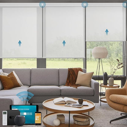 Motorized Light Filtering Roll Shades Work with HomeKit,1% Openness Smart Blinds for Windows, Electric Blinds with Remote, APP/Voice Control, Automatic Solar Shades,1% Openness Aventus White