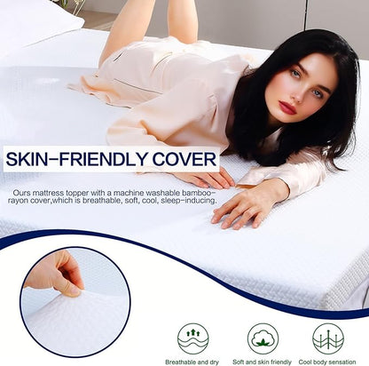 Queen Mattress Topper, Queen Memory Foam Mattress Topper 3 Inch High Density Mattress Pad Comfort Cooling, Bed Topper with Removable Cover, 4 Elastic Straps White, CertiPUR-US Certified