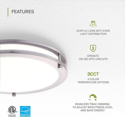 ASD LED 16" Round Flush Mount Lighting, Close to Ceiling Light Fixture | 3CCT, Dimmable, Energy Star, ETL Listed | 24W 2118LM 3000-5000K 100-277V | Low Profile Double Ring Lamp | Nickel, 2 Pack