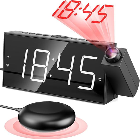 Projection Digital Alarm Clock with Bed Shaker for Bedroom, Extra Loud Alarm Clock for Heavy Sleeper, 180° Rotable Ceiling Projector Clock,2 Alarm,5 Dimmer Volume,USB Charger, Battery Backup,12/24H…