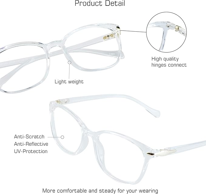 VisionGlobal Blue Light Blocking Glasses for Women, Anti Eyestrain, Computer Reading, TV Glasses, Stylish Square Frame, Anti Glare (Clear, No Magnification)