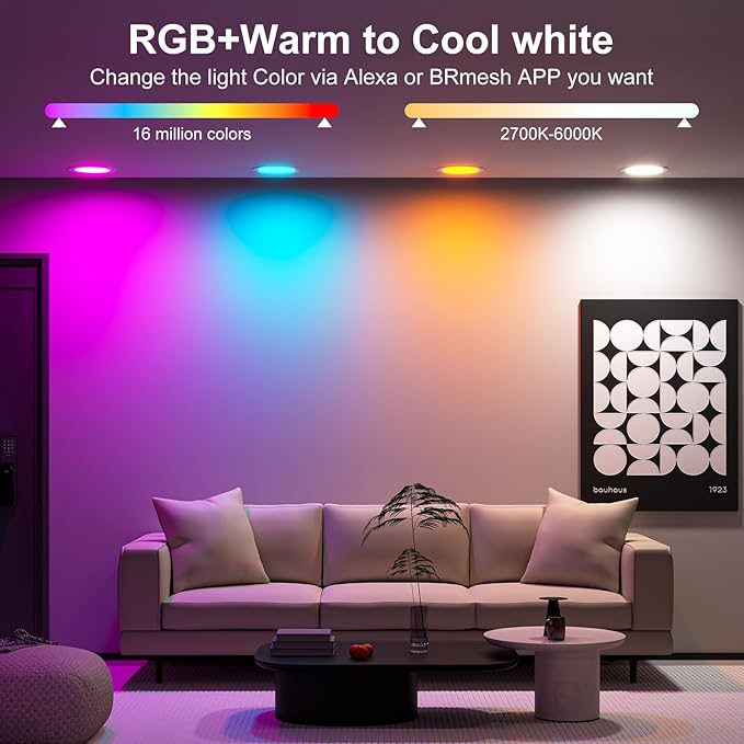 Smart Recessed Lighting 4 Inch RGBCW Color Changing 12W Black Recessed Ceiling Light with Junction Box,1080LM Canless LED Downlight Compatible with Alexa,Dimmable by Bluetooth Control -12Pack