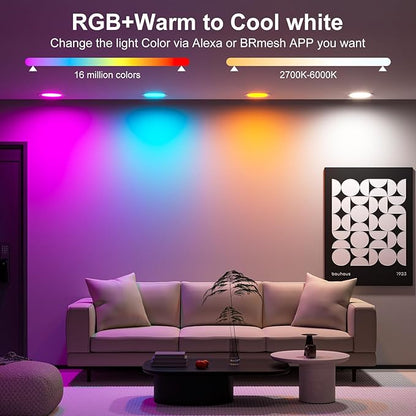 Smart Recessed Lighting 4 Inch RGBCW Color Changing 12W LED Recessed Ceiling Light with Junction Box,2700 K-6000K,1080LM Canless Downlight Compatible with Alexa,Dimmable by Bluetooth Control (4 Pack)