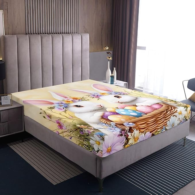 Happy Easter Fitted Sheet Twin Size Cute Rabbits Eggs Floral Bedding Set for Kids Bedroom Flower Rustic Animal Bed Sheet Set 2pcs Yellow Colorful Deep Pocket Mattress Cover,No Top Flat